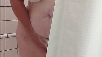 My Shy PAWG Wife taking a shower in our hotel room.  Lots of suds all over her huge natural boobs and pussy.